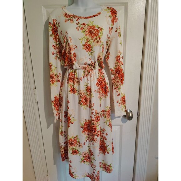 Reborn J Floral Red white Long-Sleeve Blouson Midi Dress W Pockets L - Picture 1 of 7